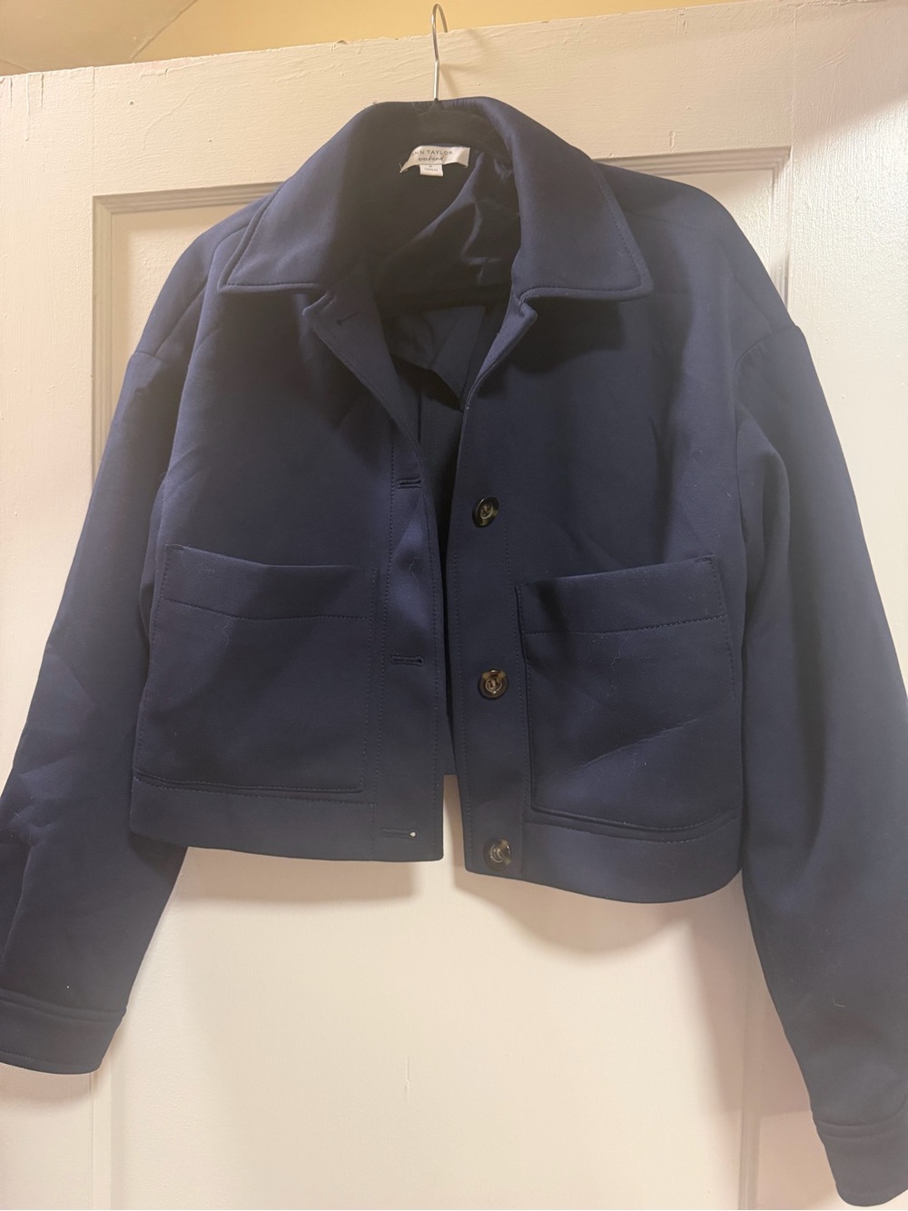 Ann Taylor Navy Cropped Shirt Jacket with Patch Pockets and Buttons